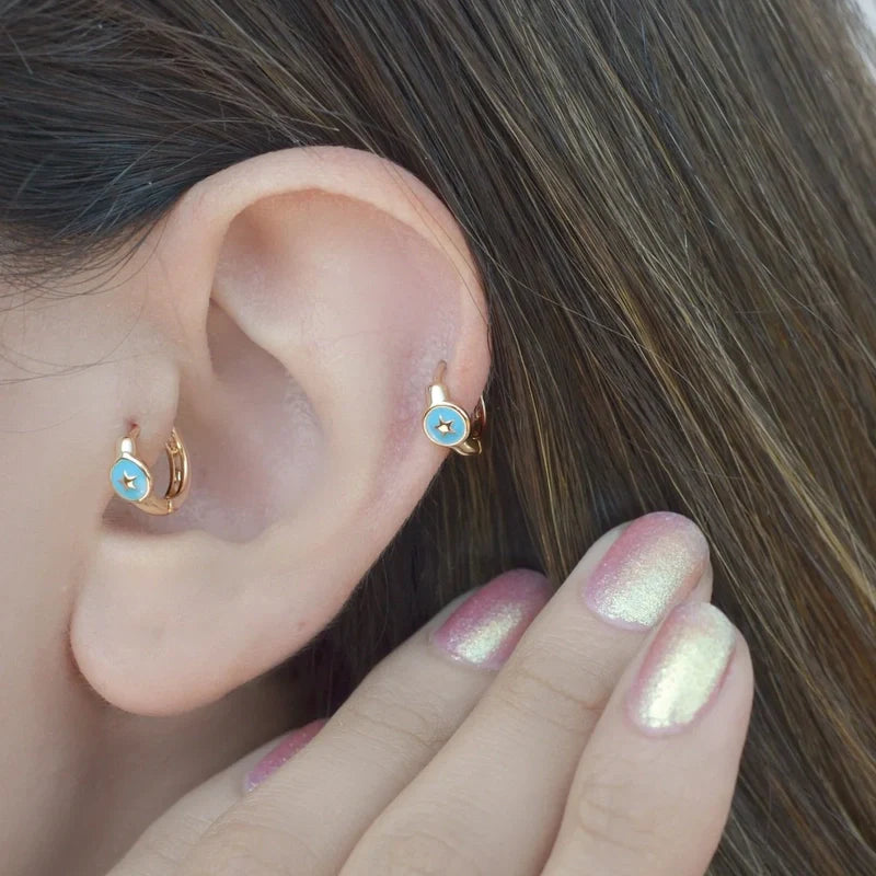 Steel Blue Earring, Star Earrings, Mini Ring,  Hoop Earrings, Star Piercing, Tragus Piercing Helix Cartilage Earring ,Gift For Her