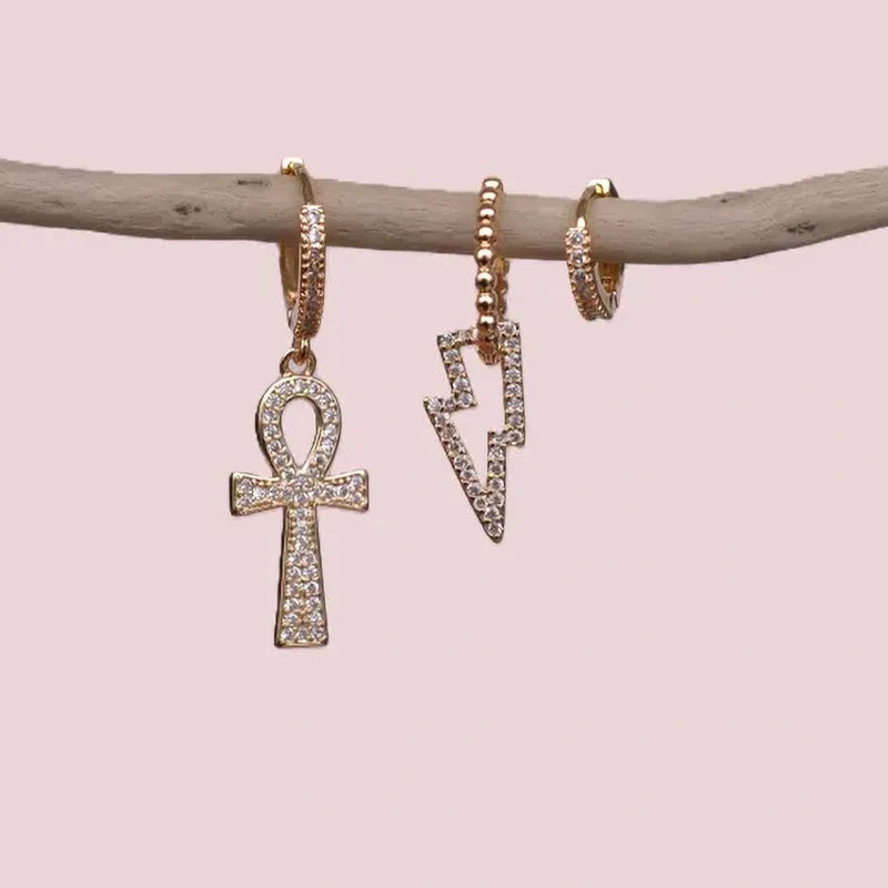 Life Symbol Figurine Earring Set 3 Piece Dangle Earrings Drop Earrings Lightning Bolt and Cross Earring Set