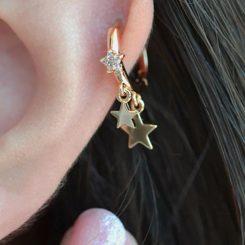 Star Dangling Earring, Minimalist Earrings, Shiny Star, Star Ring  Helix Piercing Cartilage  Earrings, Lobe Earring Rose Gold
