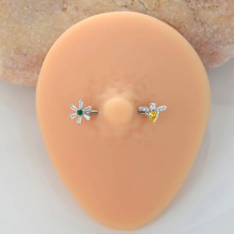 Flower and Bee  Nipple Piercing Nipple Barbells Nipple Bar Body Piercing Bridge Barbells Body Jewelry Silver