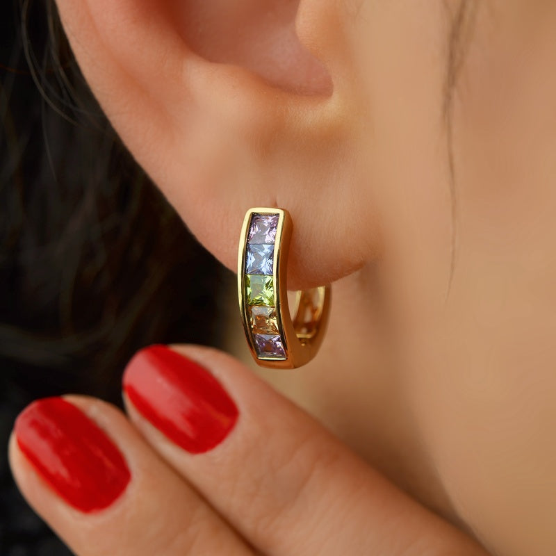 Hoop Earrings Multicolour Shiny Stone Earrings Curved  Earrings Gold