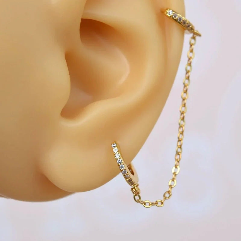 Ear Chain, Chain Earring, Hoop Earrings, Helix Chain, Model Ring Piercing Double Linked Gold Silver