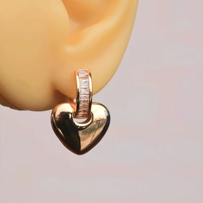 Heart Earrings Curved  Dangle Earrings Drop Earrings with Stone Ring Heart Charm  Gold and Silver