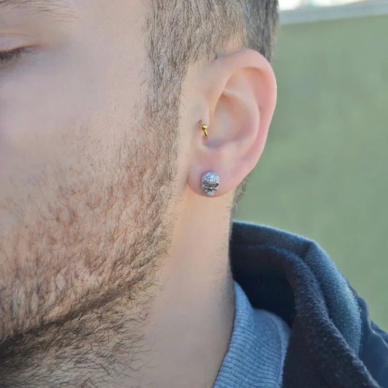Skull Mens Earrings Zircon Stone, Silver Colour Mens Earring Male  Huggie Antique Thumb Vintage
