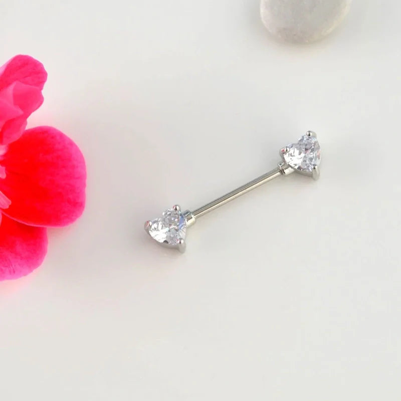 16 mm Heart Stones Nipple Piercing Nipple Barbells Nipple Bar Body Piercing Bridge Barbells Body Jewelry Heart Piercing Silver