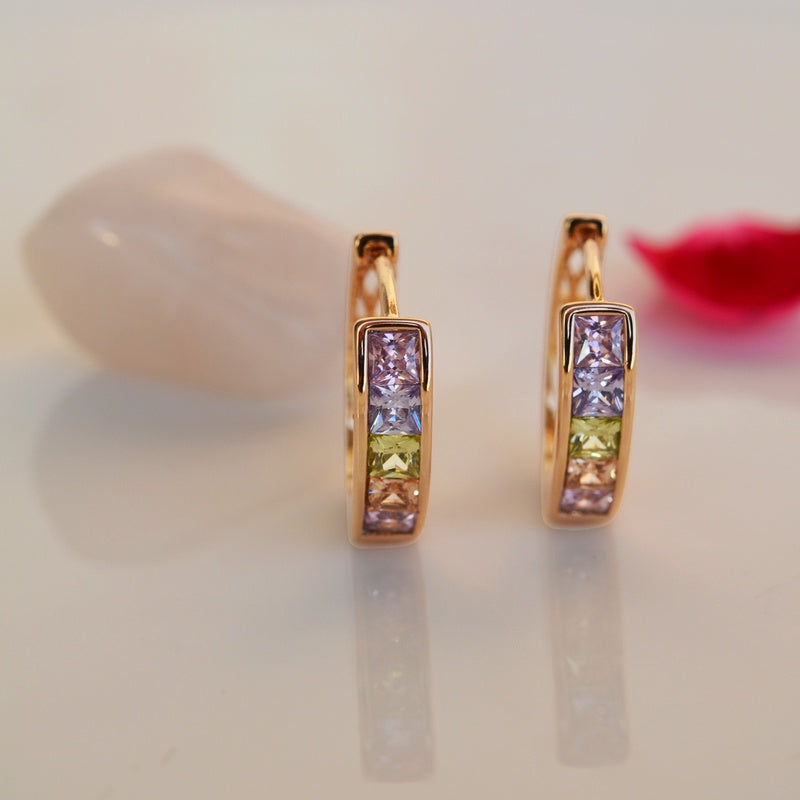 Hoop Earrings Multicolour Shiny Stone Earrings Curved  Earrings Gold