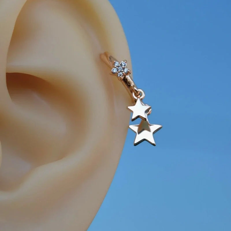 Star Dangling Earring, Minimalist Earrings, Shiny Star, Star Ring  Helix Piercing Cartilage  Earrings, Lobe Earring Rose Gold