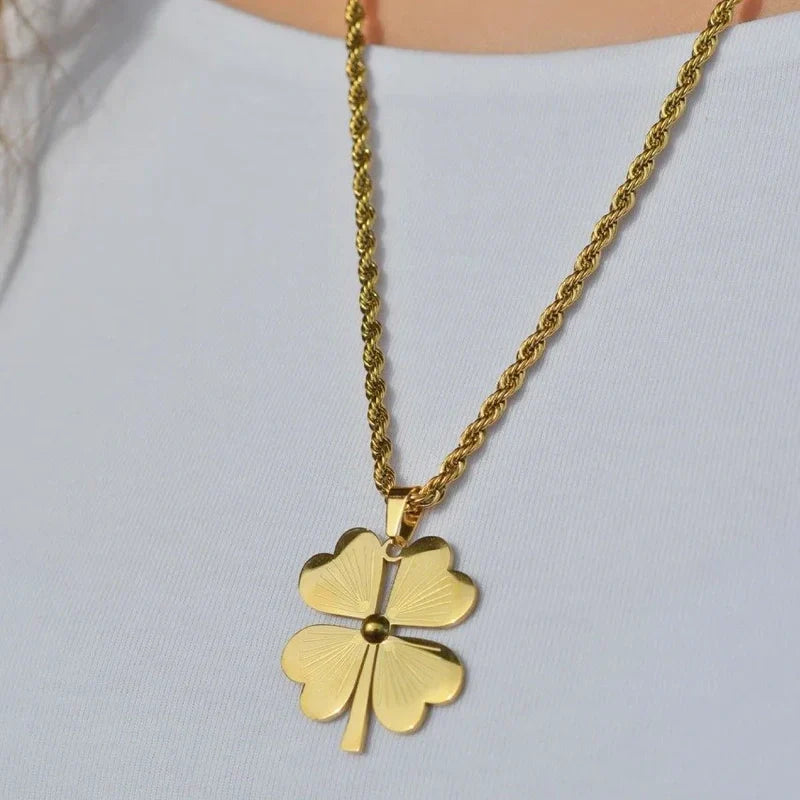 Four Leaf Clover Model Steel Lucky Charm Necklace Gold Colour