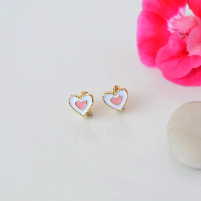 Pink and White Heart Children's Earrings Ring Model Heart
