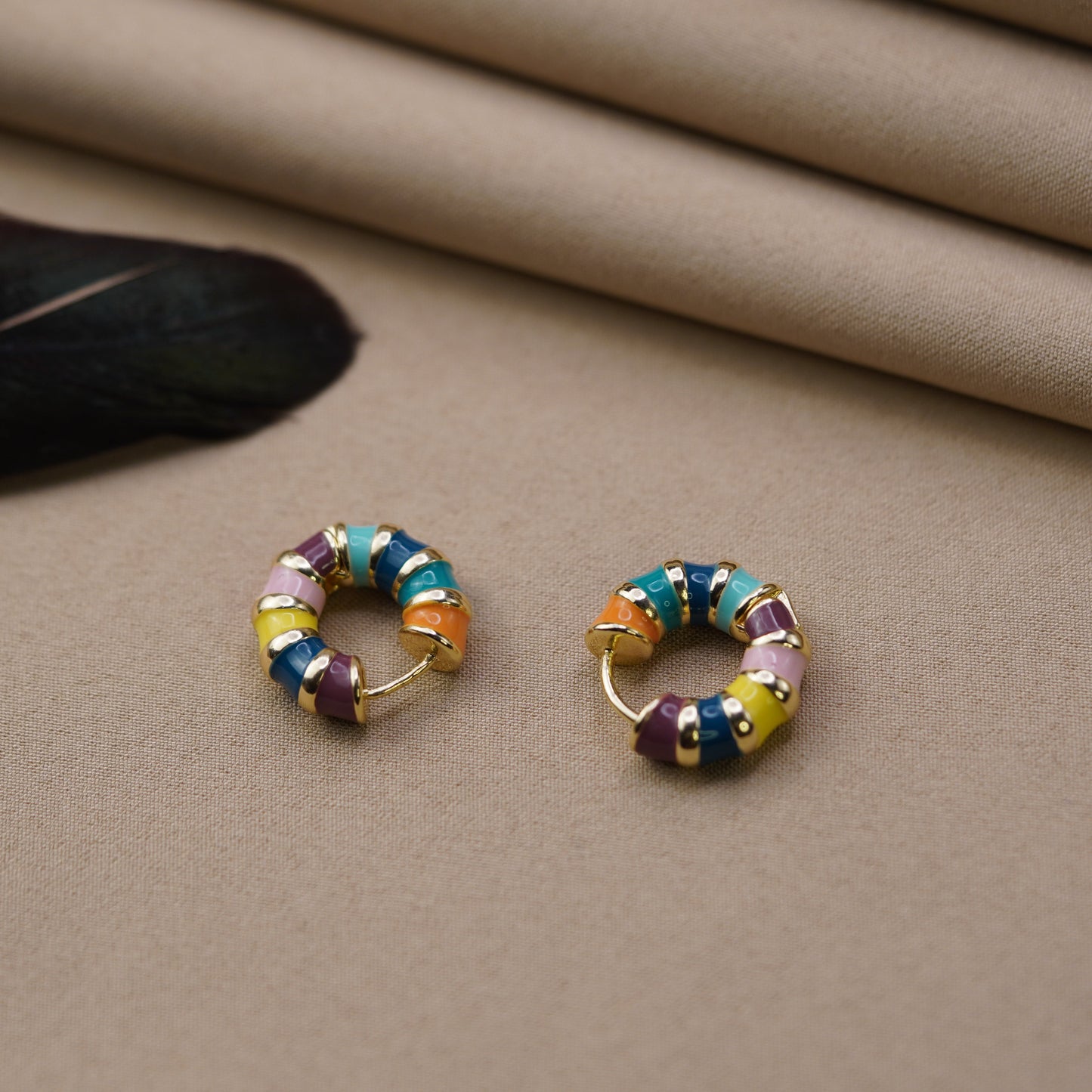 Curved Steel Hoop Earrings with Coloured Enamel in Gold and Silver