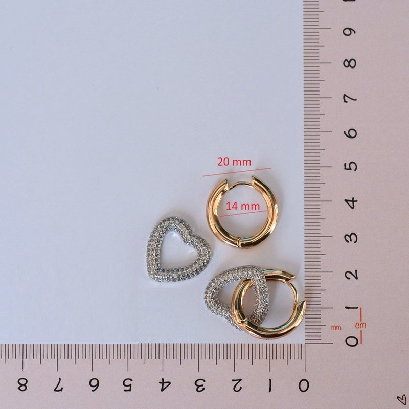 Heart Charm Curved Hoop Earrings Dangle Earrings Drop Earrings with Zircon Stone
