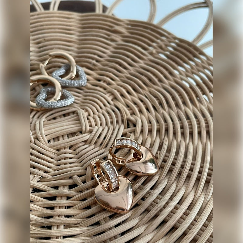 Heart Earrings Curved  Dangle Earrings Drop Earrings with Stone Ring Heart Charm  Gold and Silver