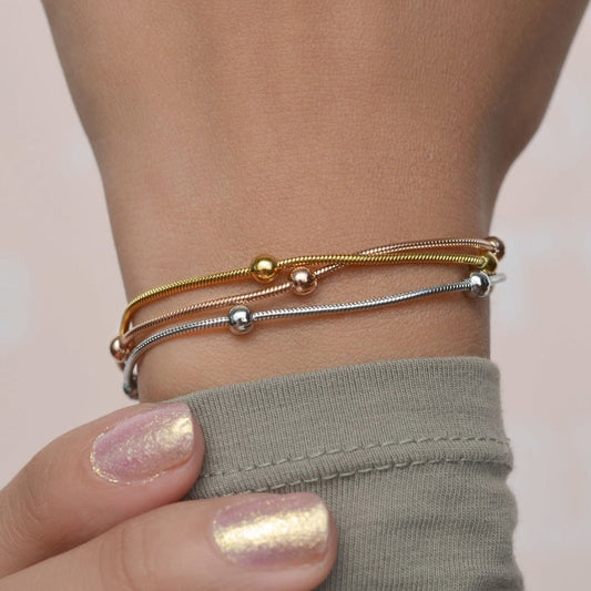 Three Chain Bracelet with Three Coloured Lumps, Dainty Bracelet Beaded Bracelet, Rose Gold, Gold, Silver