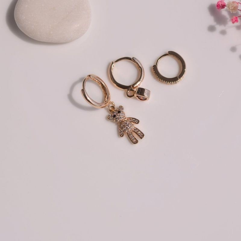 Teddy Bear WitH Heart Earring Set Teddy Bear Earring Set  Set Of 3 Dangle Earrings Drop Earrings Triple Set Gold Earrings
