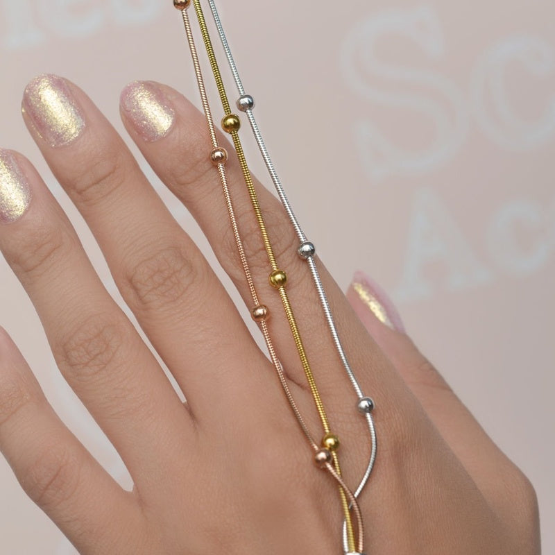 Three Chain Bracelet with Three Coloured Lumps, Dainty Bracelet Beaded Bracelet, Rose Gold, Gold, Silver