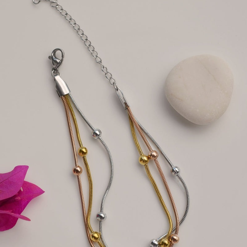 Three Chain Bracelet with Three Coloured Lumps, Dainty Bracelet Beaded Bracelet, Rose Gold, Gold, Silver