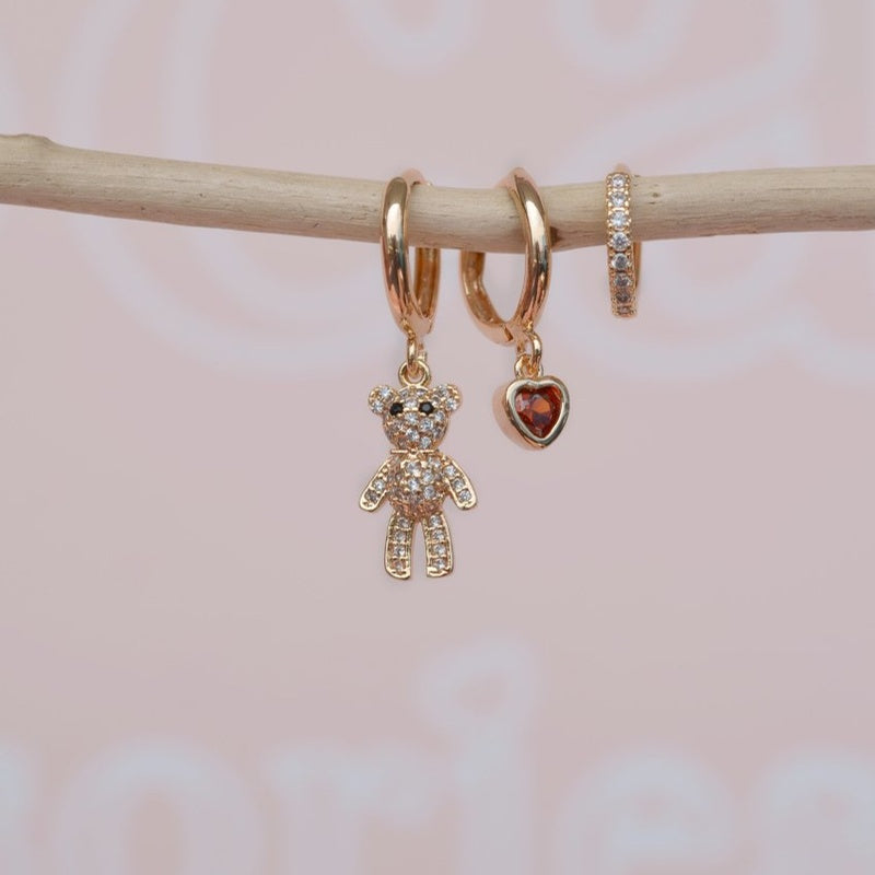 Teddy Bear WitH Heart Earring Set Teddy Bear Earring Set  Set Of 3 Dangle Earrings Drop Earrings Triple Set Gold Earrings