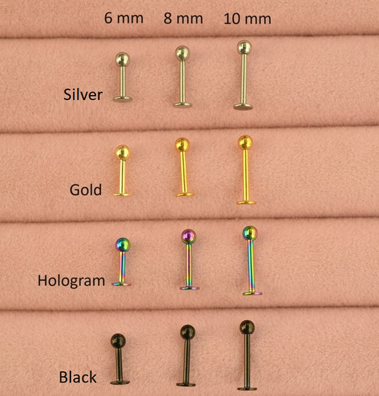 Flat Back Steel Earrings,  Conch Piercing, Cartilage, and More Gold Hologram Black and Silver  Colour