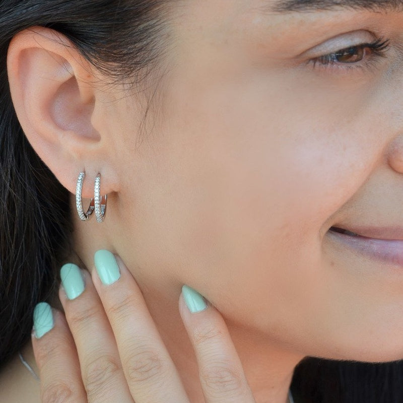 Hoop Earrings  Stoned Huggie Hoop Earrings Midi Hoop Earrings Silver Hoops Earring set  Silver Earrings