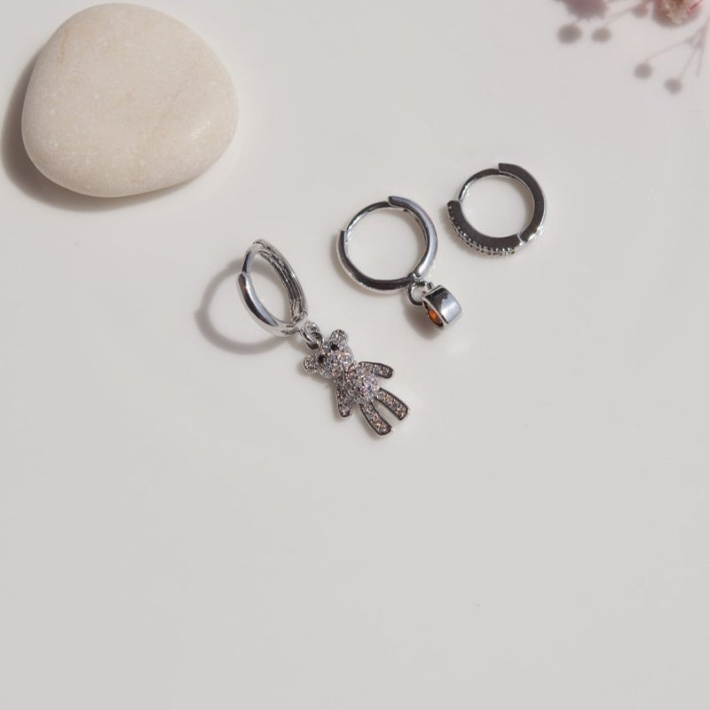 Teddy Bear WitH Heart Earring Set Teddy Bear Earring Set  Set Of 3 Dangle Earrings Drop Earrings Triple Set Gold Earrings