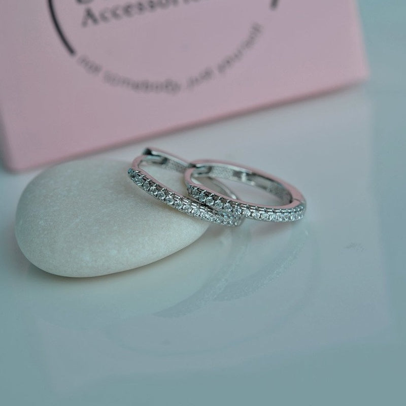 Hoop Earrings  Stoned Huggie Hoop Earrings Midi Hoop Earrings Silver Hoops Earring set  Silver Earrings