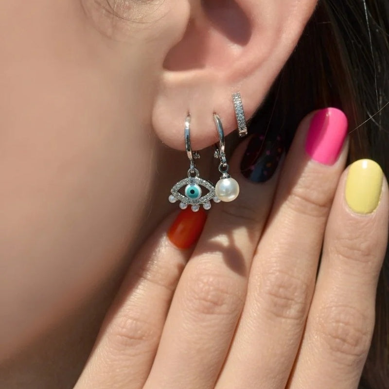 Evil Eye Triple Dangle Earrings Drop Earrings Earring  Set 3 Of Set Triple Set Silver Coloured