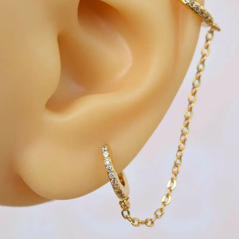Ear Chain, Chain Earring, Hoop Earrings, Helix Chain, Model Ring Piercing Double Linked Gold Silver
