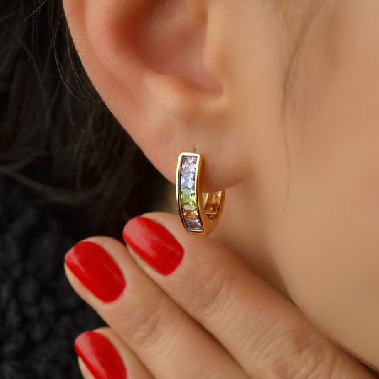 Hoop Earrings Multicolour Shiny Stone Earrings Curved  Earrings Gold