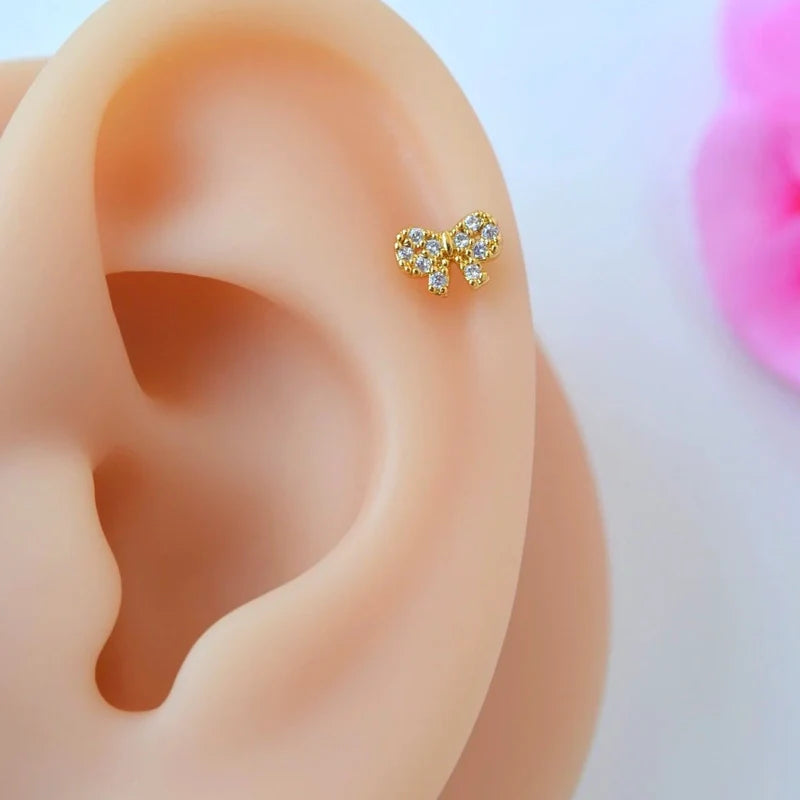 Stony Ribbon Bow Figured Piercing for Helix, Cartilage, Conch, and Lobe Gold Colour