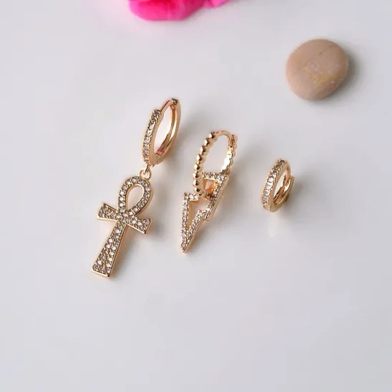 Life Symbol Figurine Earring Set 3 Piece Dangle Earrings Drop Earrings Lightning Bolt and Cross Earring Set