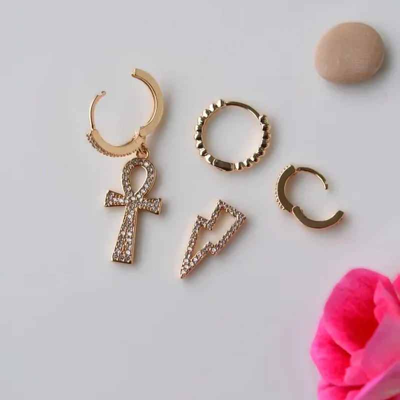 Life Symbol Figurine Earring Set 3 Piece Dangle Earrings Drop Earrings Lightning Bolt and Cross Earring Set