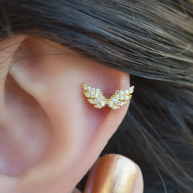 Angel Wing Piercing for Helix and Cartilage in Gold with Clear Crystal Hypoallergenic 16G