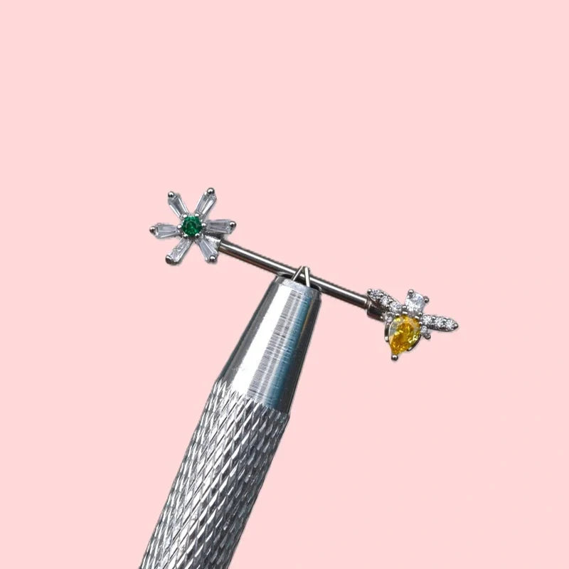 Flower and Bee  Nipple Piercing Nipple Barbells Nipple Bar Body Piercing Bridge Barbells Body Jewelry Silver