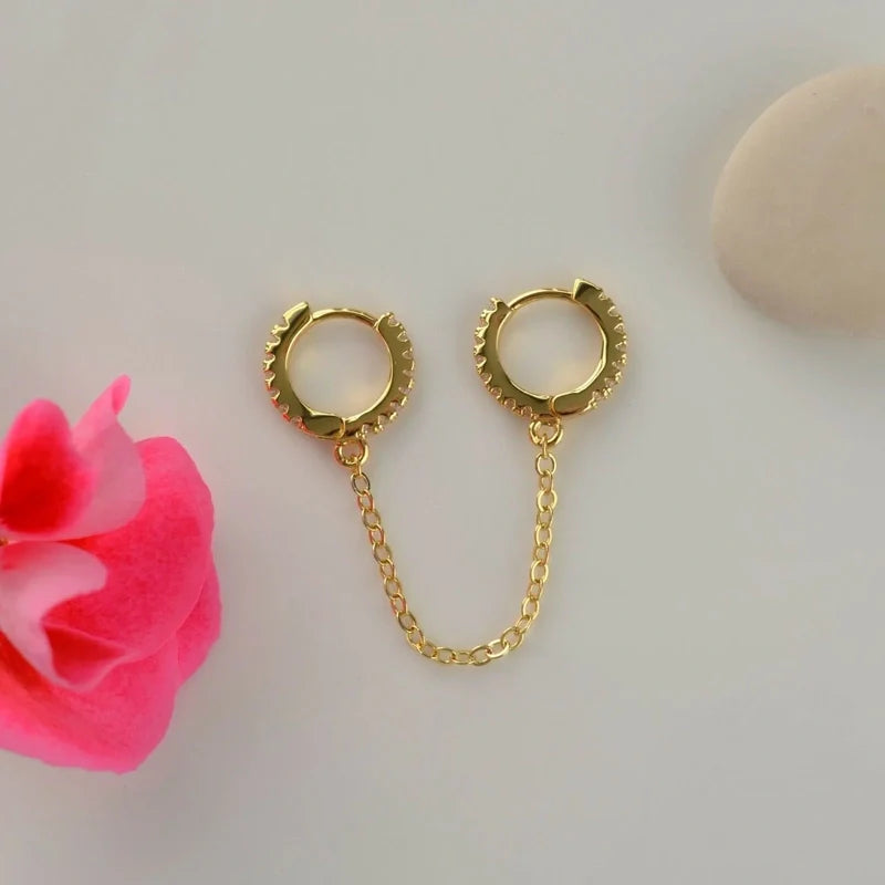 Ear Chain, Chain Earring, Hoop Earrings, Helix Chain, Model Ring Piercing Double Linked Gold Silver