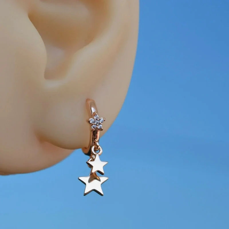 Star Dangling Earring, Minimalist Earrings, Shiny Star, Star Ring  Helix Piercing Cartilage  Earrings, Lobe Earring Rose Gold