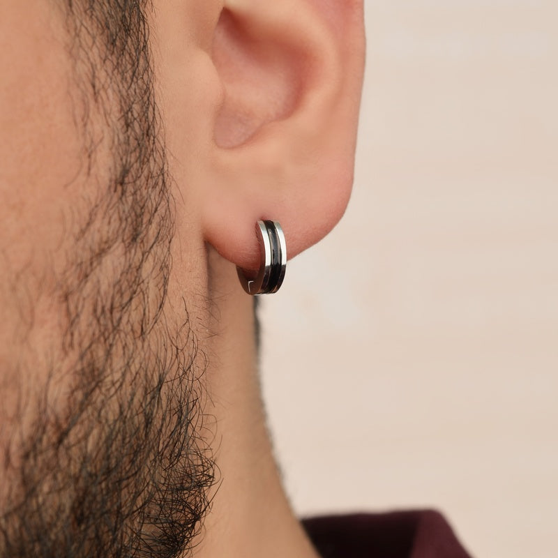 Mens Steel Hoop Earring Black and Silver Mens Earring Mens Earrings