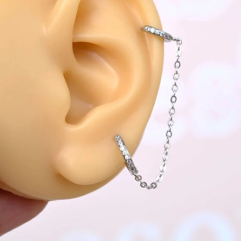 Ear Chain, Chain Earring, Hoop Earrings, Helix Chain, Model Ring Piercing Double Linked Gold Silver