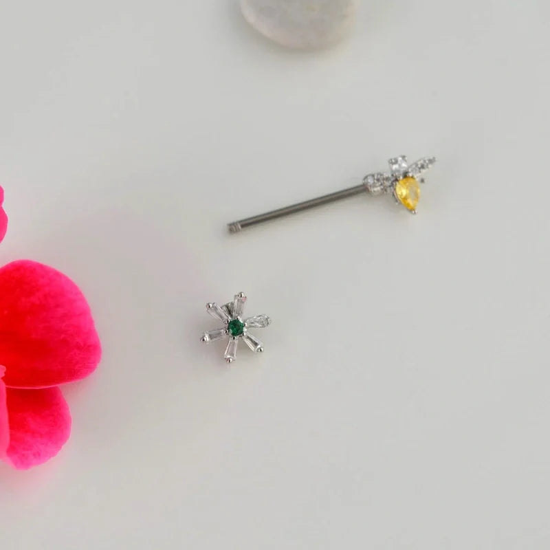Flower and Bee  Nipple Piercing Nipple Barbells Nipple Bar Body Piercing Bridge Barbells Body Jewelry Silver
