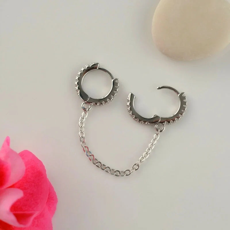 Ear Chain, Chain Earring, Hoop Earrings, Helix Chain, Model Ring Piercing Double Linked Gold Silver