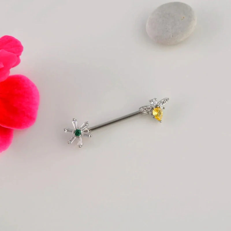 Flower and Bee  Nipple Piercing Nipple Barbells Nipple Bar Body Piercing Bridge Barbells Body Jewelry Silver