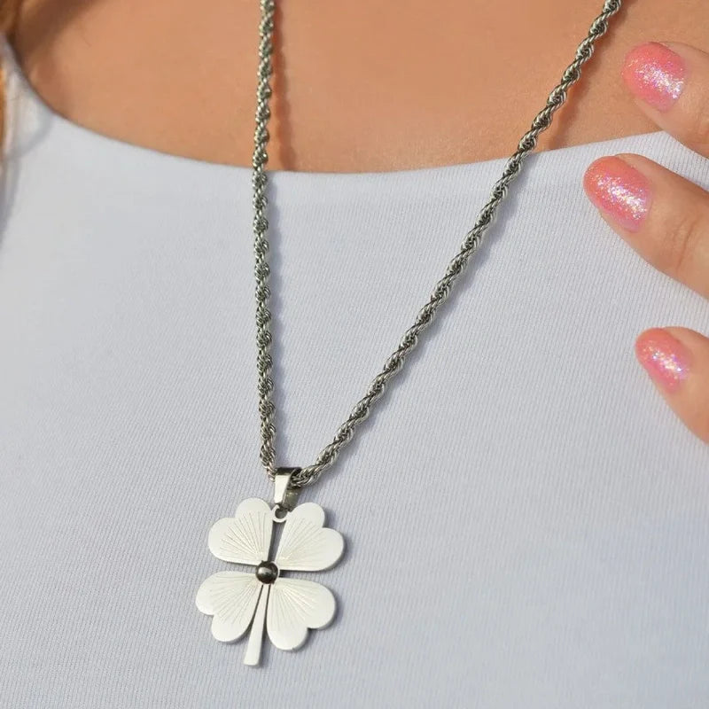 Four Leaf Clover Model Steel Lucky Charm Necklace Silver Colour