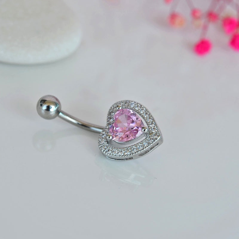 Pink Heart Stone Belly Button Ring, Navel Piercing, Belly Button Piercing, Curved Barbell, Belly Piercing, Belly Bar, Belly Ring