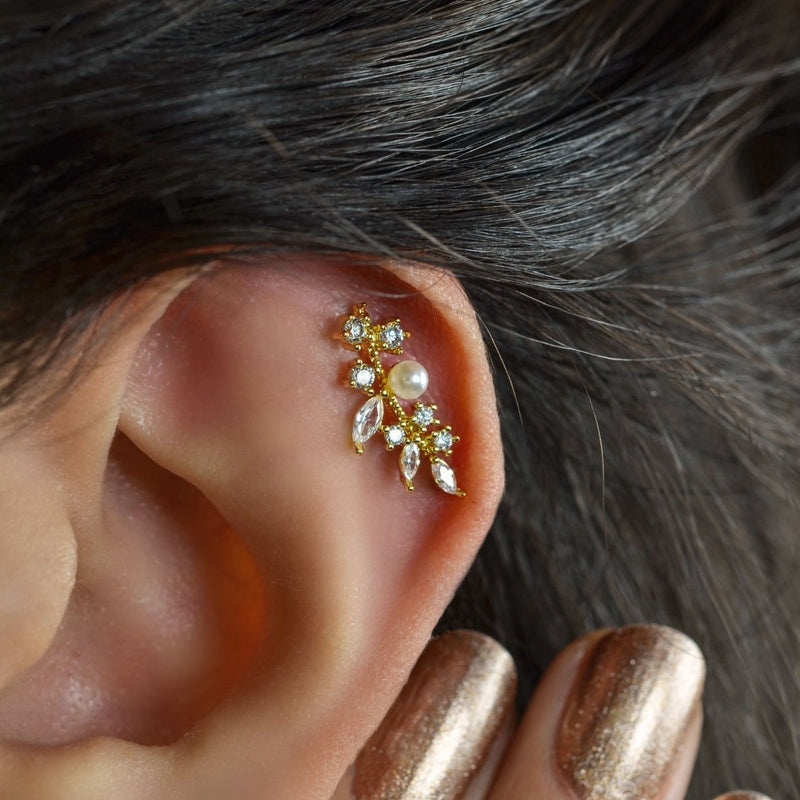 Leaf Earring With Pearls  For Cartilage Leaf Earrings Cartilage Earrings Leaf Piercing Single Gold Earrings Silver Earrings