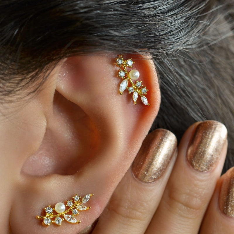 Leaf Earring With Pearls  For Cartilage Leaf Earrings Cartilage Earrings Leaf Piercing Single Gold Earrings Silver Earrings