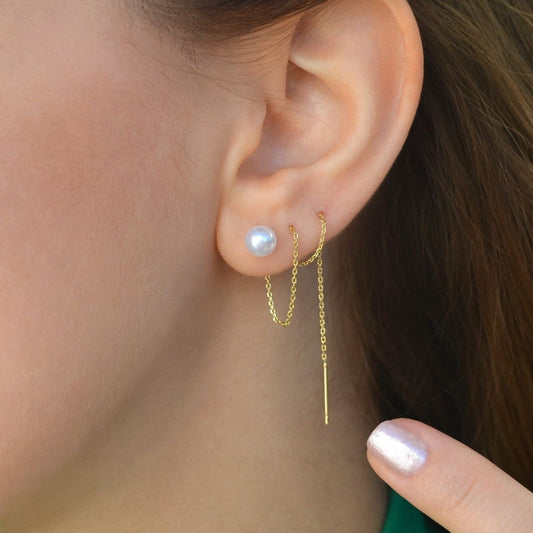 Long Chain Earrings Pearls Earrings Chain Earrings Thin Chain  Huggie Earrings Gold Chain Silver Chain