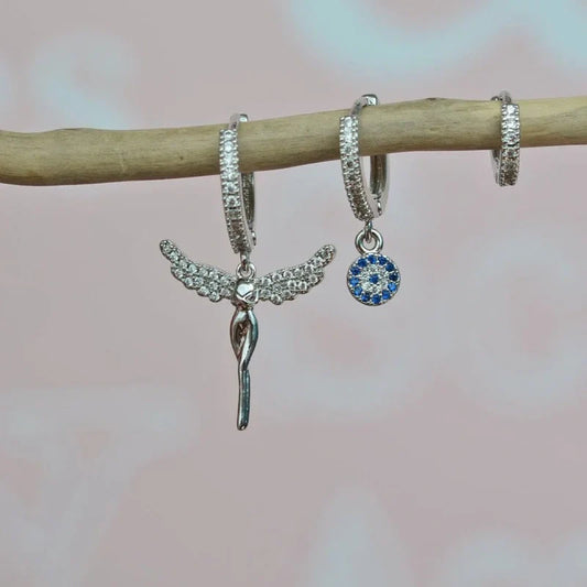 Angel Earrings Dangle Earrings Drop Earrings Evil Eye Earring  Set 3 Of Set Triple Set Earring Set Silver
