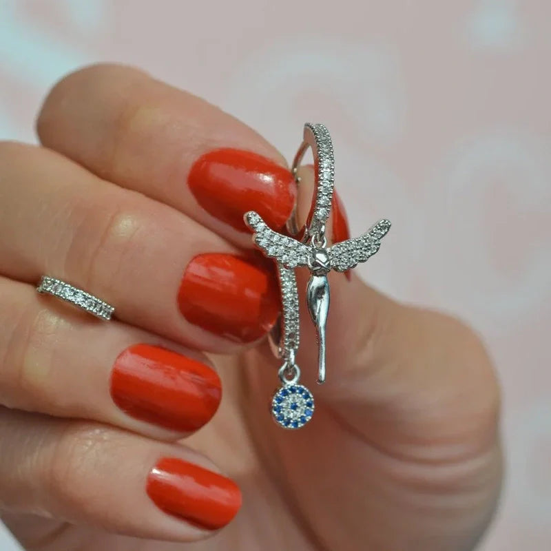 Angel Earrings Dangle Earrings Drop Earrings Evil Eye Earring  Set 3 Of Set Triple Set Earring Set Silver