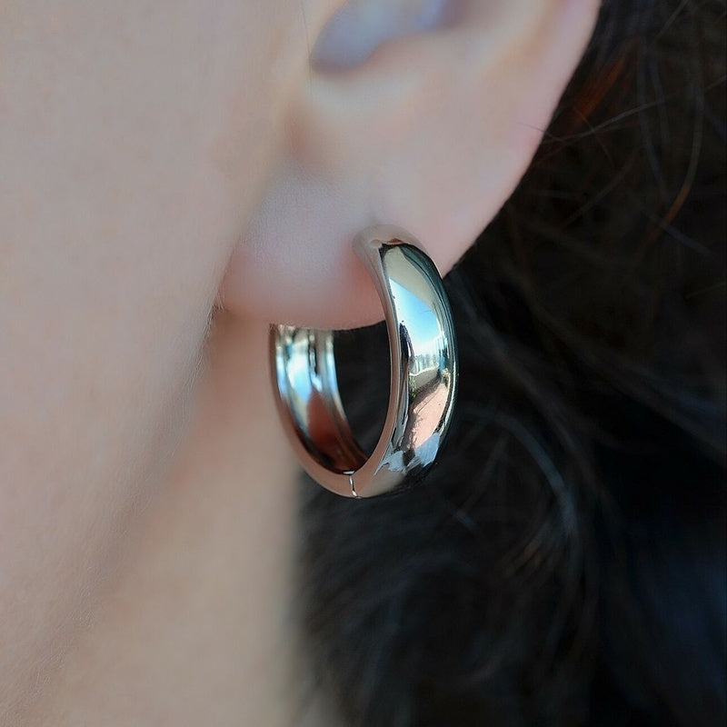 Curved Flat Hoop Earrings Huggie Hoop Earrings   Silver Medium Hoop Earrings