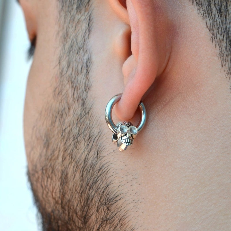 Skull Figured Steel Hoop Mens Earring Mens Earrings Male  Huggie Antique Thumb Vintage