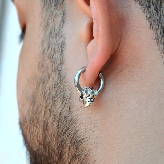 Skull Figured Steel Hoop Mens Earring Mens Earrings Male  Huggie Antique Thumb Vintage